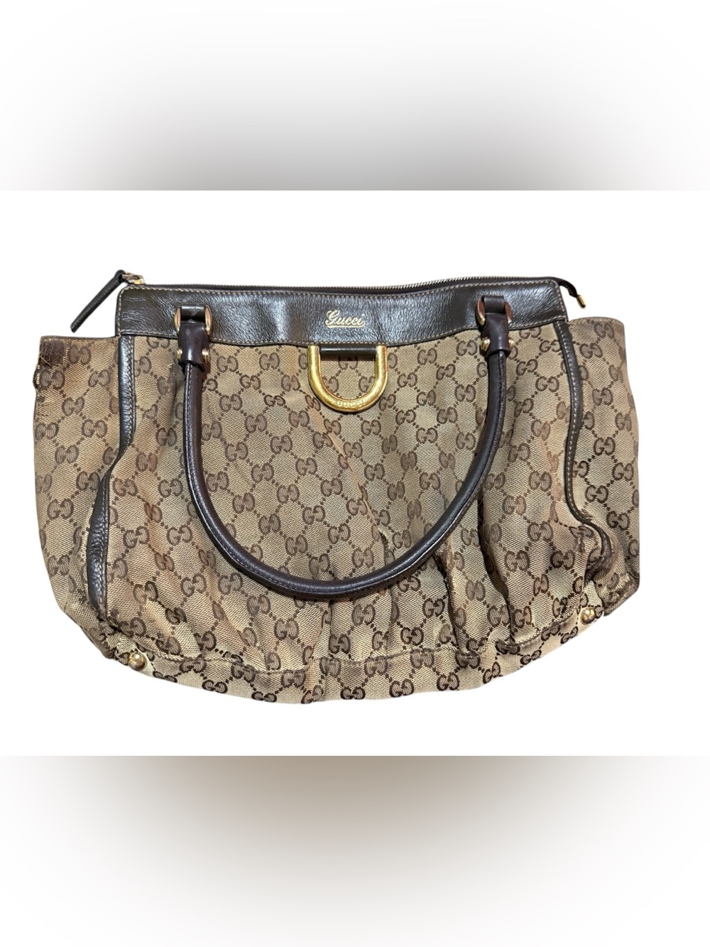 Vintage Gucci Brown Canvas GG Monogram Shoulder Bag with Gold Hardware